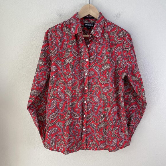 Lands End Shirt Womens 12 Paisley Button Down No Iron Supima Cotton Long Sleeve - Picture 1 of 7